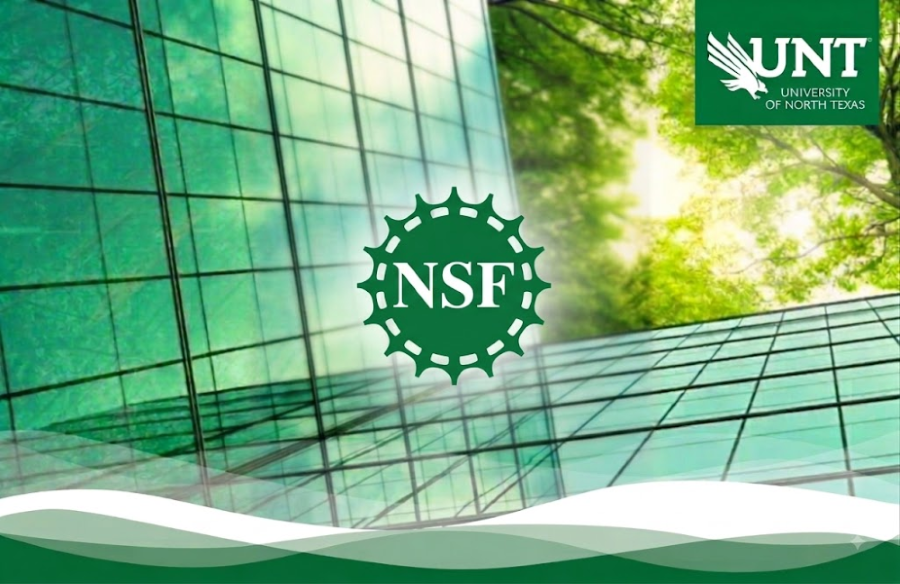 national science foundation (NSF) logo with building glass windows point of view looking up into a tree with university of north texas logo on the top right