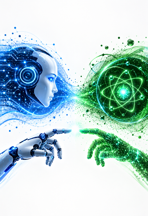 blue robot touching pointer finger with an ideal form of quantum image